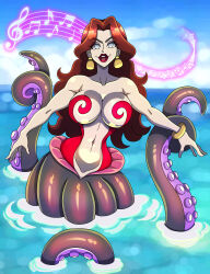  absurdres bracelet breasts cleavage corruption earrings female_only femdom huge_breasts hypnotic_audio hypnotic_music lipstick looking_at_viewer makeup music navel nintendo octopus open_mouth outdoors pauline red_hair red_lipstick singing siren smile super_mario_bros. super_mario_odyssey very_long_hair white_eyes zorro-zero 