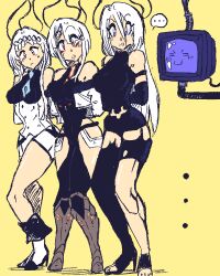  arms_behind_back bare_legs bare_shoulders before_and_after bimbofication blue_eyes boots comic cyberpunk_(series) female_only long_hair lucyna_kushinada multiple_girls nier_automata open_mouth orange_eyes red_eyes restrained ringo_(soul_hackers) robot_girl shin_megami_tensei shishikasama short_hair simple_background soul_hackers standing tech_control very_long_hair white_hair wires yorha_type_a_no._2 