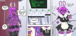  absurdres bare_breasts breasts bulge bunny_boy bunny_ears cheerleader clothed_exposure comic cuffs dialogue earrings english_text furry hooters leggings long_hair maid maid_headdress malesub mechanical_arm metiore midriff navel navel_piercing nipple_piercing nipples nose_piercing nose_ring piercing pink_lipstick puckered_lips purple_hair purple_skin red_eyes shiny_hair shiny_skin short_hair short_skirt skirt speech_bubble text thong waitress wedding_dress 
