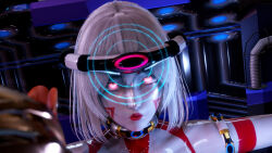  3d bodysuit caroline_(dick_yang) corruption dead_source dick_yang eye_roll face_paint femsub giantess glowing glowing_eyes honey_select_2 hypnotic_accessory personification pink_eyes restrained sex_toy tech_control thick_thighs ultraman vibrator white_hair 