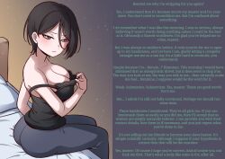  bang_dream bangs bed black_hair blush breasts camisole caption caption_only cleavage collarbone confused femsub incognitoact_(writer) kitayu large_breasts looking_back male_pov maledom pov_dom red_eyes rui_yashio sexism sideboob simple_background sitting text undressing 