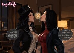  baijubones black_hair bow_tie breasts cleavage dc_comics drool femsub fishnets hat jacket lady_shiva large_breasts mantra pendulum sweater text top_hat zatanna_zatara 