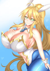  artoria_pendragon artoria_pendragon_(lancer) blonde_hair blush breasts bunny_ears bunny_girl bunnysuit cleavage cuffs fake_animal_ears fate/grand_order fate_(series) female_only femsub fishnets glowing glowing_eyes happy_trance huge_breasts large_hips long_hair looking_at_viewer manip misterman4_(manipper) ponytail run smile spiral_eyes symbol_in_eyes tagme thighhighs 
