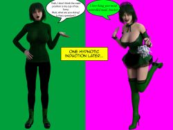 3d alternate_costume before_and_after breasts dialogue female_only femsub green_eyes green_hair happy_trance high_heels kathy_(theheckle) large_breasts maid maid_headdress original solo text theheckle