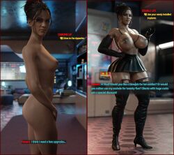  3d absurdres alternate_costume assertive_sub bare_shoulders before_and_after bimbofication bottomless breast_expansion breasts brown_hair collarbone cyberpunk_(series) cyberpunk_2077 dialogue earrings female_only femsub gloves high_heels huge_breasts large_hips nude panam_palmer prostitution short_skirt skirt small_breasts solo speech_bubble standing stryker751 text thighhighs thought_bubble topless unaware 