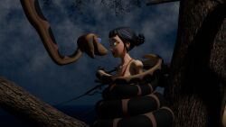 bikini bikini_top black_hair coils disney earrings femsub kaa kaa_eyes kpop_demon_hunters maledom open_mouth restrained sleepy snake the_jungle_book zengo zoey_(kpop_demon_hunters)