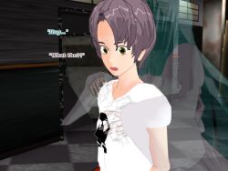 3d brown_hair cyan_hair dress flamekin ghost_girl hug jeans long_hair shirt short_hair text