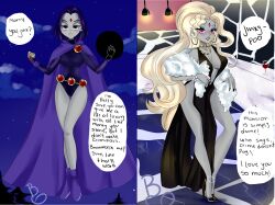  before_and_after bimbofication blackcatnyaa dc_comics dialogue female_only femdom femsub hair_growth high_heels jewelry jinx necklace raven teen_titans text 