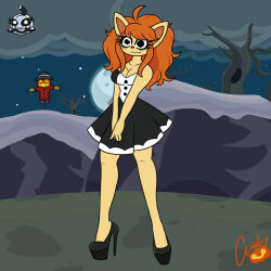  bare_legs black_eyes ceroba_ketsukane cleavage collarbone color dollification dress eyelashes female_only femsub fox_girl furry halloween high_heels long_hair maid night orange_hair outdoors signature smile solo soropin standing undertale undertale_yellow yellow_skin 