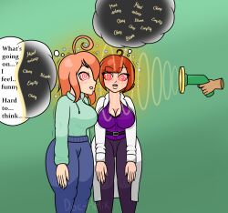 breasts doc-helix femsub hoodie hypno_beam jimmy_neutron_(series) lab_coat large_breasts lily_(mahoumonsterart) original red_hair resisting sonia_(the_goddess_sonia) spiral_eyes symbol_in_eyes text thought_bubble