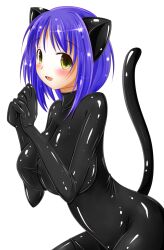 before_and_after blue_hair blush bodysuit cat_ears cat_girl catsuit fake_animal_ears fake_tail fangs female_only femsub large_breasts latex looking_at_viewer nezumi rubber short_hair simple_background smile solo tail white_background yellow_eyes