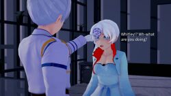 blue_eyes brother_and_sister dress femsub gloves koikatsu! magic magic_circle maledom perfect_idiot rwby short_hair surprised text weiss_schnee white_hair whitley_schnee