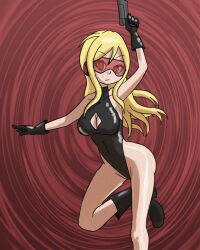  bare_legs blonde_hair breasts cleavage_cutout dancer dancing expressionless female_only fembot femsub gloves gun jodie_(zorro-zero) legs leotard long_hair looking_at_viewer mythkaz original shoes solo spiral_eyes thighs tight_clothing visor weapon 