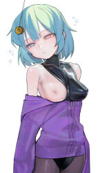  absurdres bare_shoulders blue_eyes breasts coin collarbone female_only femsub heterochromia jacket kogasa_tatara latex leotard one_breast_out open_mouth pantyhose pendulum red_eyes saaal653 short_hair simple_background sleepy solo standing touhou white_background zipper 
