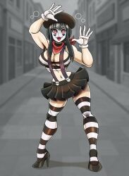  beret black_hair cleavage clownification face_paint female_only femsub gloves high_heels hourglass_figure kneehighs large_breasts mime neckerchief red_eyes red_lipstick skirt smile spiral_eyes spy_x_family standing suspenders yor_briar zorro-zero 