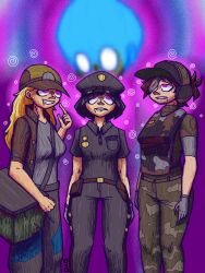 absurdres black_hair blonde_hair brown_hair carol_(dead_ahead) clothed confused dazed dead_ahead denzeldukito drool femsub hypnotist_(dead_ahead) military_uniform multiple_girls multiple_subs nancy_(dead_ahead) pepper_(dead_ahead) police_uniform policewoman standing_at_attention symbol_in_eyes zombie