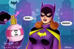 barbara_gordon batgirl blue_eyes cape dc_comics dialogue drool female_only femsub hypnovember long_hair mask perfume polmanning red_hair red_lipstick speech_bubble spiral super_hero text