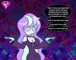  aged_up alternate_costume androgynous_dom arm_warmers assertive_sub bare_shoulders blue_skin choker cleavage collarbone consensual english_text femsub hourglass_figure hypnoscream large_breasts monster_girl monster_high multicolored_hair posing pov_dom shy simple_background solo speech_bubble spiralwash_eyes twyla_boogeyman wide_hips 