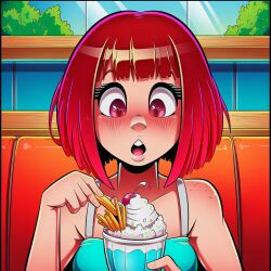    ai_art breasts cleavage dress female_only food ice_cream kana_arima lily_clown_(generator) multicolored_eyes oshi_no_ko red_hair sitting solo 