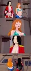  3d absurdres bikini_top black_hair boa_hancock closed_eyes cyanstargazer dialogue english_text female_only femsub jeans kneeling long_hair multiple_girls nami_(one_piece) one_piece orange_hair text 