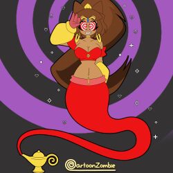  animated animated_gif bare_shoulders bracers brown_hair cartoonzombie cat_ears cat_girl cleavage earrings female_only femsub furry gameoverse genie grey_background happy_trance headdress heart kit_bodega_(gameoverse) large_breasts long_hair ponytail purple_background saluting shantae shantae_(series) smile solo sparkle spiral_background spiral_eyes spiralwash_eyes transformation 
