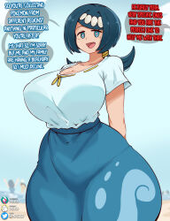  absurdres beach before_and_after blue_eyes blue_hair breasts cleavage clothed collarbone dialogue drevod english_text female_only hair_ornament huge_breasts lana's_mother looking_at_viewer milf netorare nintendo open_mouth outdoors pants pokemon pokemon_sun_and_moon pov sequence shirt short_hair signature smile solo speech_bubble text thick_thighs wide_hips 
