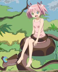 alternate_costume bare_legs barefoot clothed coils crossover disney feet femsub happy_trance hypnotic_eyes kaa kaa_eyes licking madoka_kaname maledom open_mouth outdoors pink_hair plant puella_magi_madoka_magica rubio515 sitting snake the_jungle_book tickling tongue tongue_out