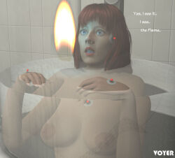 3d blue_eyes breasts candle charlie&#039;s_angels dialogue expressionless female_only femsub hypnotic_fire long_hair open_mouth original red_hair solo stasis_tank tech_control text topless voyer