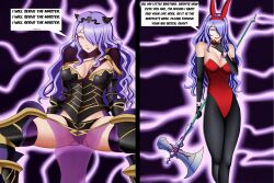  aura before_and_after breasts bunnysuit camilla_(fire_emblem_fates) cleavage corruption cuffs deltathelion femsub fire_emblem fire_emblem_fates glowing glowing_eyes large_breasts nintendo princess smile text 