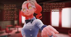  3d assertive_sub aware bow_tie chin_hold female_only glasses griselle_(pokemon) hurricane_(manipper) looking_at_viewer manip multicolored_hair nintendo orange_hair pokemon pokemon_legends_z-a pov shirt spiralwash_eyes text 
