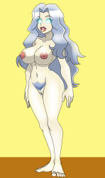  bottomless breasts expressionless eyebrows_visible_through_hair female_only femsub glowing glowing_eyes karen_(pokemon) large_breasts long_hair navel nintendo nipples nude pokemon pokemon_gold_silver_and_crystal pubic_hair pussy silver_hair simple_background solo standing standing_at_attention topless zorro-zero 