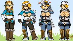 absurdres arm_bands bandage blonde_hair body_markings boots breast_expansion breasts breath_of_the_wild drool elf elf_ears empty_eyes female_only femsub green_eyes huge_breasts hypel large_breasts leggings nintendo nipples princess princess_zelda scarf sheik small_breasts solo spiral_eyes symbol_in_eyes the_legend_of_zelda transformation