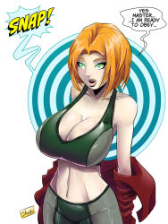 breasts cleavage collarbone female_only femsub finger_snap large_breasts midriff original red_hair shono short_hair solo spiral_eyes symbol_in_eyes text trigger undressing