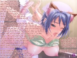animal_ears blue_hair breasts caption manip nurse text tongue tongue_out