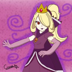  blonde_hair breasts cynthia evil_smile femsub large_breasts nintendo paper_mario paper_mario:_the_thousand_year_door pokemon pokemon_diamond_pearl_and_platinum possession shadow_queen shyker simple_background smile solo spiral spiral_eyes super_mario_bros. symbol_in_eyes 