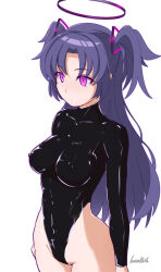  absurdres bangs batta18th blue_archive breasts corruption empty_eyes erect_nipples erect_nipples_under_clothes expressionless female_only femsub halo latex leotard long_hair pink_eyes purple_eyes purple_hair signature simple_background solo standing standing_at_attention twintails white_background yuuka_(blue_archive) 