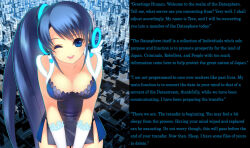 arm_warmers blue_eyes blue_hair caption cleavage dress earrings femdom jewelry long_hair looking_at_viewer manip open_mouth pov pov_sub princesslucina_(manipper) smile tech_control text wings wink