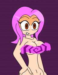 aged_up brown_eyes collarbone convenient_censoring digimon digimon_adventure_02 empty_eyes eyebrows_visible_through_hair eyelashes femsub hand_on_hip happy_trance hypnoscream large_breasts mimi_tachikawa navel nude pink_hair pov_dom purple_background shiny_hair shiny_skin simple_background smile solo standing wide_hips