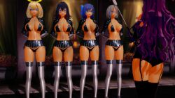 3d arms_behind_back ass bare_shoulders bikini bikini_bottom bikini_top blonde_hair blue_eyes blue_hair bow brown_eyes cleavage crossed_arms cyan_eyes empty_eyes expressionless eyeshadow female_only femdom femsub fishnets garter_straps glasses gloves grey_hair halo hapod hololive irys_(hololive) jacket koikatsu! large_breasts leotard lipstick long_hair miniskirt multicolored_hair multiple_girls multiple_subs navel open_clothes opera_gloves pink_lipstick purple_hair red_hair short_hair skirt standing standing_at_attention tan_skin thighhighs thong very_long_hair virtual_youtuber