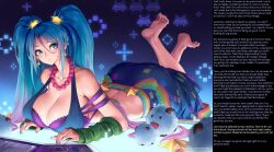  alternate_costume alternate_hair_color alternate_hairstyle barefoot blue_eyes blue_hair bra breasts caption caption_only cleavage female_only femdom huge_breasts jewelry league_of_legends long_hair lying male_pov manip multicolored_hair necklace oopartz_yang oppaiobsession_(manipper) pov pov_sub sona_(league_of_legends) text twintails underwear 