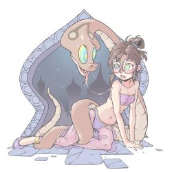  alvin_and_the_chipmunks blush breasts brown_hair chipmunk_girl coils drool femsub furry glasses harem_outfit hypnotic_eyes jarv jeanette_miller kaa_eyes long_hair navel small_breasts snake spit_trail tongue tongue_out 