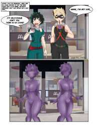 blonde_hair bulge doras_(artist) drinking femboy green_hair grimace izuku_midoriya katsuki_bakugo malesub mcdonald&#039;s my_hero_academia text transformation