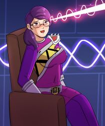  beam blush eye_roll female_only femsub glasses gloves happy_trance heroic_peril hypnotic_beam kendall_morgan open_mouth power_rangers power_rangers_dino_charge purple_eyes purple_hair sitting smile solo tagme 