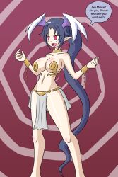  bare_legs blue_hair blush breasts chains cleavage collar cuffs dialogue disgaea female_only femsub harem_outfit large_breasts loincloth maledom melodia mythkaz navel open_mouth ponytail red_eyes simple_background smile solo speech_bubble spiral_background spiral_eyes standing tagme text very_long_hair wings 