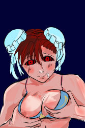  artsydark17 bare_shoulders blush bra breast_fondling breast_grab capcom chun-li drool female_only femsub groping hair_bun_covers hair_buns happy_trance smile spiral_eyes street_fighter 