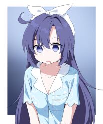 absurdres ahoge blue_archive blue_eyes blue_hair border cleavage clothed collarbone drool empty_eyes etlabsotwe expressionless female_only femsub gradient_background hair_band long_hair open_mouth pajamas shirt simple_background solo yuuka_(blue_archive)