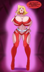 bimboannon bimbofication blonde_hair breasts choker clover dialogue earrings erect_nipples eyeshadow female_only femsub happy_trance high_heels huge_breasts jewelry lipstick red_lipstick smile solo text totally_spies