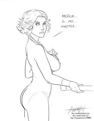 awmbh breasts captain_marvel expressionless female_only femsub greyscale marvel_comics short_hair super_hero tech_control text tights topless undressing western