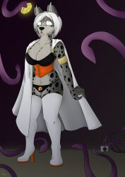 absurdres arm_bands boots bra breasts cape cat_girl cleavage corset expressionless eye_roll femsub furry high_heels hypnotic_eyes hypnotic_tentacle large_breasts liferien open_mouth original panties short_hair spiral_eyes symbol_in_eyes tentacles thigh_boots underwear white_hair