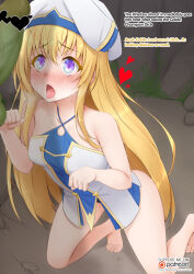  barefoot blonde_hair blush breasts drool femsub glowing glowing_eyes goblin_slayer happy_trance heterosexual kneeling long_hair monster_boy open_mouth penis priestess_(goblin_slayer) small_breasts solo text tongue tongue_out vahn_yourdoom 
